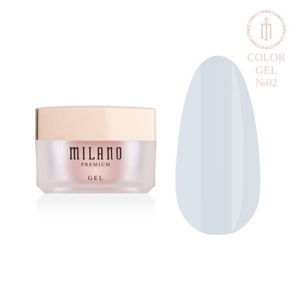«Презентація кольорового моделюючого гелю Milano Builder Gel Color Premium №02: ліворуч зображено фірмову круглу білу баночку зі срібним брендингом, а праворуч — великий круглий макет-тіпс, який демонструє делікатний напівпрозорий молочно-рожевий або порцеляновий камуфлюючий відтінок із глянцевим фінішем, на чистому білому тлі»