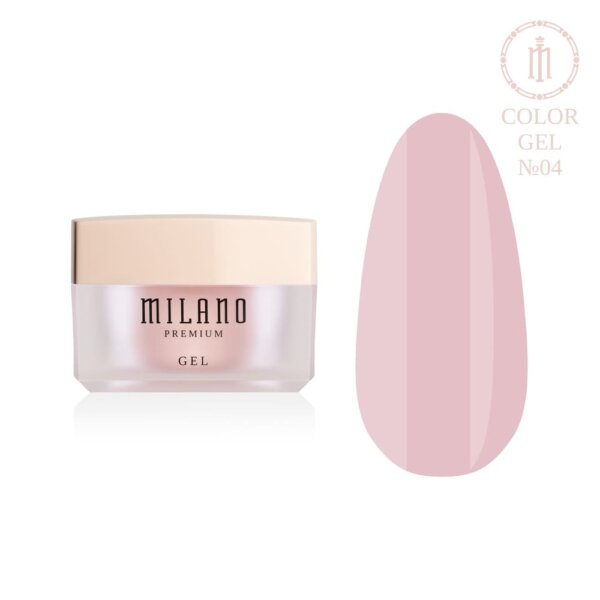 «Презентація кольорового моделюючого гелю Milano Builder Gel Color Premium №04: ліворуч зображено фірмову круглу білу баночку зі срібним брендингом, а праворуч — великий круглий макет-тіпс, який демонструє теплий пастельно-персиковий камуфлюючий відтінок із гладким самовирівнювальним покриттям та блиском, на чистому білому тлі»