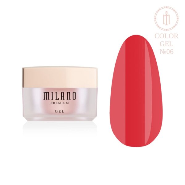 «Презентація кольорового моделюючого гелю Milano Builder Gel Color Premium №06: ліворуч зображено фірмову круглу білу баночку зі срібним брендингом, а праворуч — великий круглий макет-тіпс, який демонструє глибокий припорошено-рожевий або лілово-нюдовий камуфлюючий відтінок із благородним щільним пігментом, на чистому білому тлі»