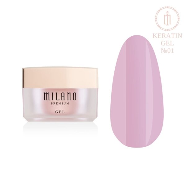 «Презентація зміцнювального моделювального гелю з кератином Milano Builder Gel Keratin Premium №01: ліворуч зображено фірмову круглу білу баночку зі срібним брендингом, а праворуч — великий круглий макет-тіпс, який демонструє чистий молочно-білий або порцеляновий відтінок із бездоганною гладкою поверхнею та глянцевим відблиском, на чистому білому тлі»