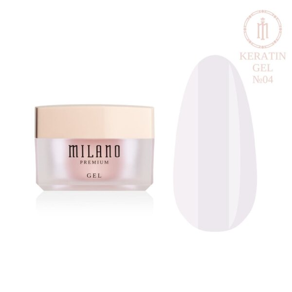 «Презентація зміцнювального моделювального гелю з кератином Milano Builder Gel Keratin Premium №04: ліворуч зображено фірмову круглу білу баночку зі срібним брендингом, а праворуч — великий круглий макет-тіпс, який демонструє делікатний персиково-рожевий камуфлювальний відтінок із ефектом самовирівнювання та м'яким глянцевим блиском, на чистому білому тлі»