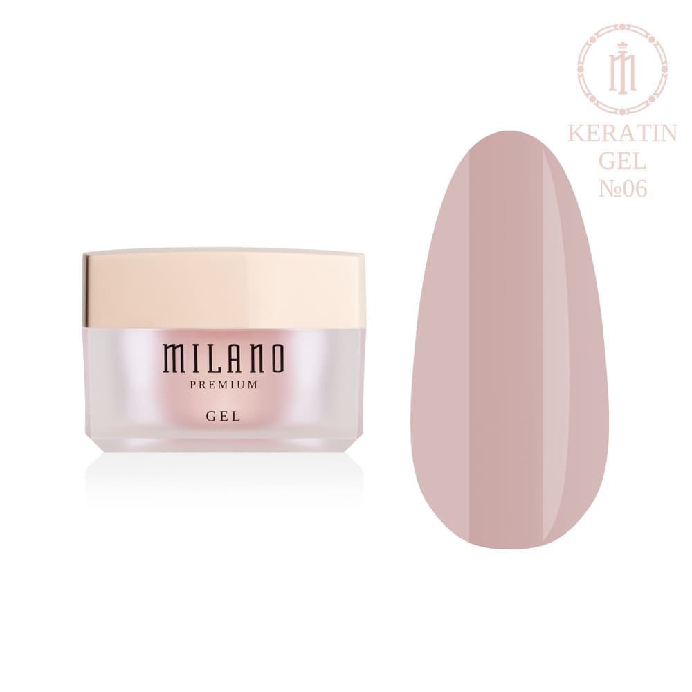 «Презентація зміцнювального моделювального гелю з кератином Milano Builder Gel Keratin Premium №06: ліворуч зображено фірмову круглу білу баночку зі срібним брендингом, а праворуч — великий круглий макет-тіпс, який демонструє глибокий припорошено-рожевий або лілово-нюдовий камуфлювальний відтінок із бездоганно рівним глянцевим фінішем, на чистому білому тлі»