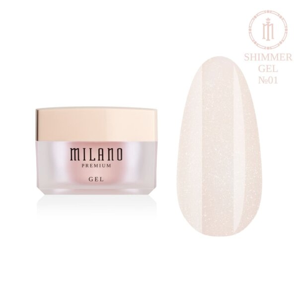 «Презентація моделювального гелю з шимером Milano Builder Gel Shimmer Premium №01: ліворуч зображено фірмову круглу білу баночку зі срібним брендингом, а праворуч — великий круглий макет-тіпс, який демонструє ніжний молочно-білий або порцеляновий відтінок, густо насичений дрібним сріблястим шимером з ефектом діамантового мерехтіння під глянцевим фінішем, на чистому білому тлі»