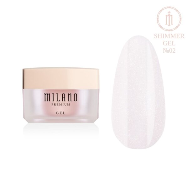 «Презентація моделювального гелю з шимером Milano Builder Gel Shimmer Premium №02: ліворуч зображено фірмову круглу білу баночку зі срібним брендингом, а праворуч — великий круглий макет-тіпс, який демонструє делікатний напівпрозорий молочно-рожевий камуфлювальний відтінок, збагачений дрібними іскристими часточками з м'яким дзеркальним блиском, на чистому білому тлі»