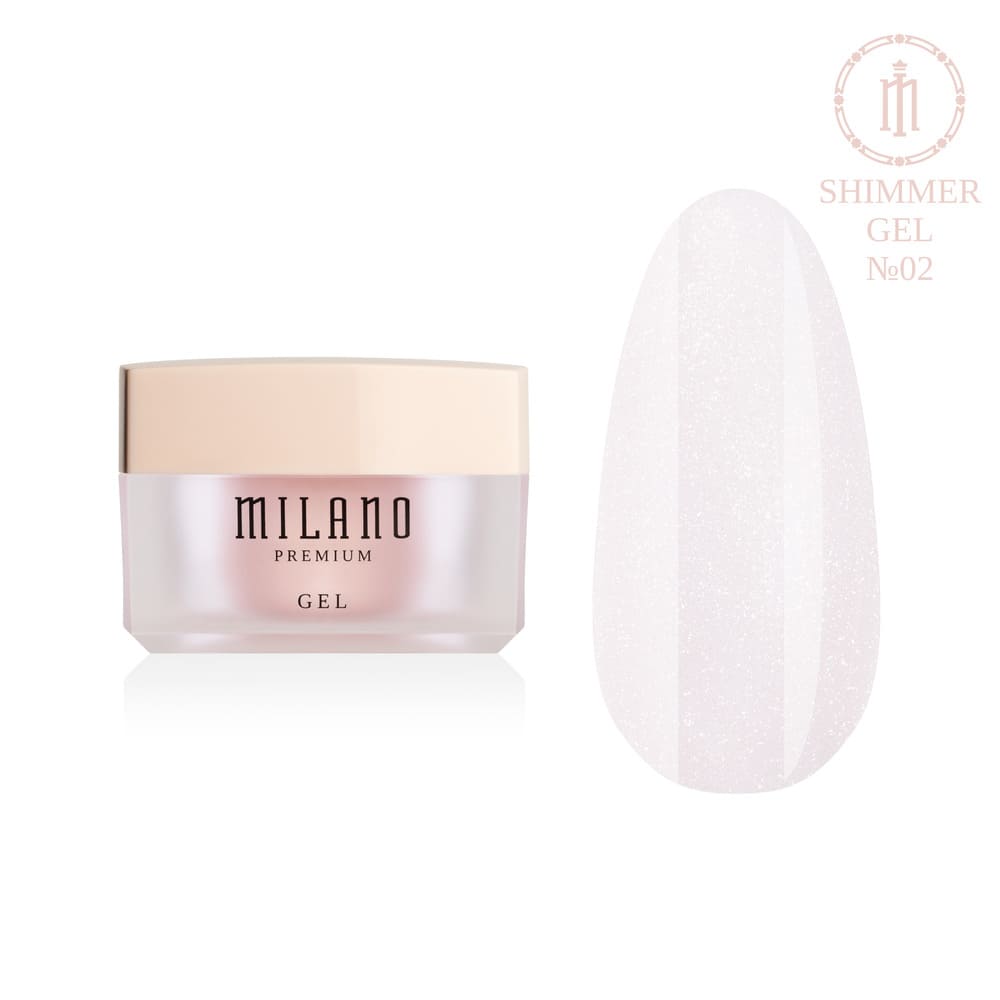 «Презентація моделювального гелю з шимером Milano Builder Gel Shimmer Premium №02: ліворуч зображено фірмову круглу білу баночку зі срібним брендингом, а праворуч — великий круглий макет-тіпс, який демонструє делікатний напівпрозорий молочно-рожевий камуфлювальний відтінок, збагачений дрібними іскристими часточками з м'яким дзеркальним блиском, на чистому білому тлі»