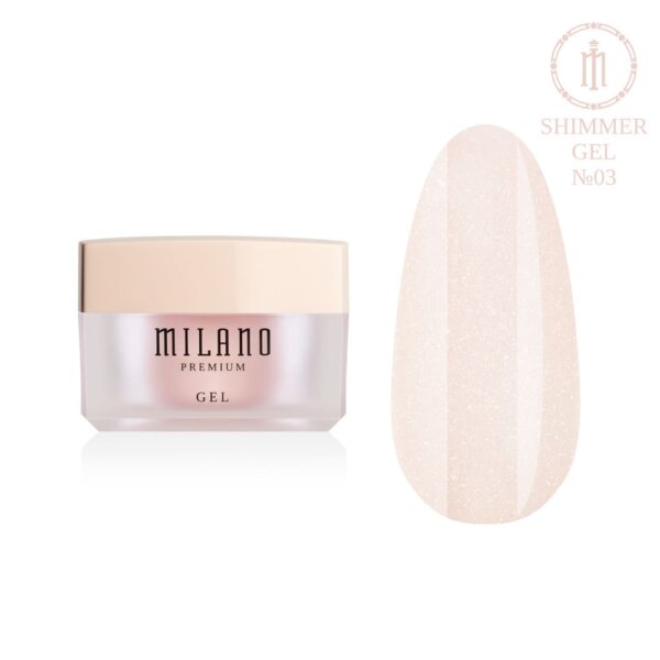 «Презентація моделювального гелю з шимером Milano Builder Gel Shimmer Premium №03: ліворуч зображено фірмову круглу білу баночку зі срібним брендингом, а праворуч — великий круглий макет-тіпс, який демонструє класичний світло-рожевий камуфлювальний відтінок, щільно заповнений мерехтливим сріблясто-рожевим мікроглітером для створення глибокого об'ємного сяйва, на чистому білому тлі»