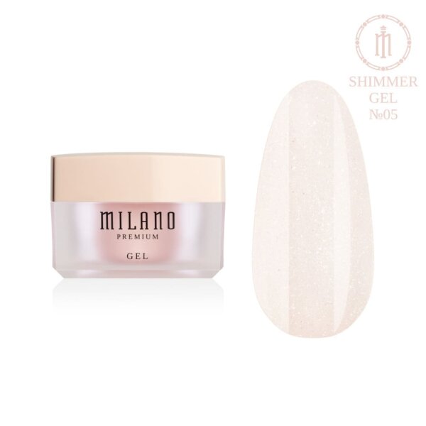 «Презентація моделювального гелю з шимером Milano Builder Gel Shimmer Premium №05: ліворуч зображено фірмову круглу білу баночку зі срібним брендингом, а праворуч — великий круглий макет-тіпс, який демонструє шляхетний світло-бежевий або карамельно-нюдовий відтінок із щільним пігментом, густо всипаний іскристим шимером та глянцевим відблиском, на чистому білому тлі»