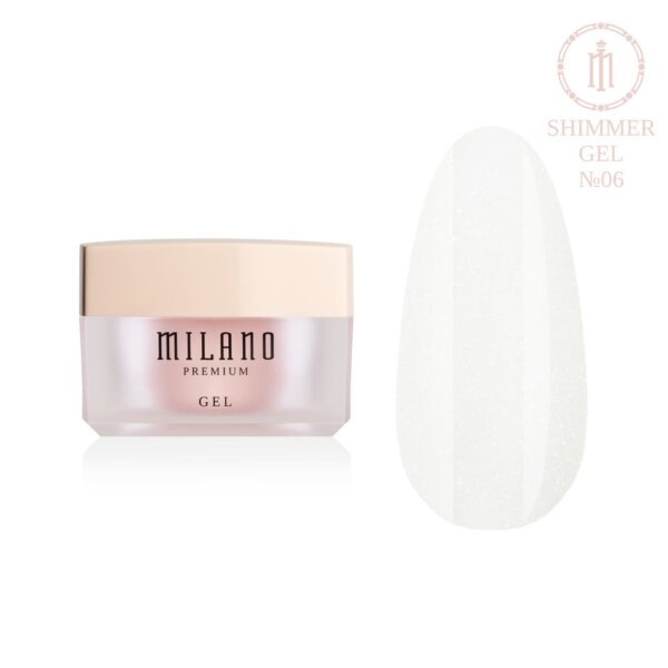 «Презентація моделювального гелю з шимером Milano Builder Gel Shimmer Premium №06: ліворуч зображено фірмову круглу білу баночку зі срібним брендингом, а праворуч — великий круглий макет-тіпс, який демонструє глибокий припорошено-рожевий або лілово-нюдовий камуфлювальний відтінок, збагачений мерехтливим мікроглітером для створення розкішного святкового манікюру, на чистому білому тлі»
