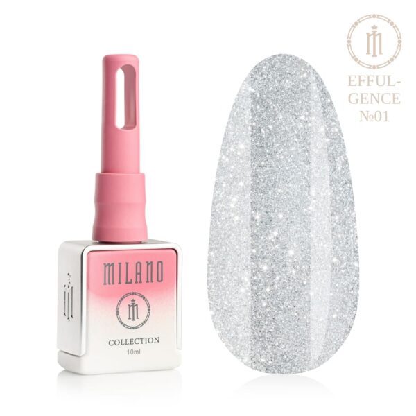 «Презентація гель-лаку Milano Effulgence Collection Premium №01: ліворуч зображено фірмовий квадратний білий флакон об'ємом 10 мл із рожево-білим градієнтом та довгим рожевим ковпачком, а праворуч — великий овальний макет-тіпс, який демонструє чистий сріблясто-крижаний відтінок, густо насичений дрібним іскристим мікроглітером з ефектом діамантового мерехтіння, на чистому білому тлі»