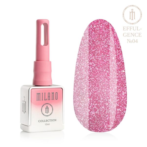 «Презентація гель-лаку Milano Effulgence Collection Premium №04: ліворуч зображено фірмовий квадратний білий флакон об'ємом 10 мл із рожево-білим градієнтом та довгим рожевим ковпачком, а праворуч — великий овальний макет-тіпс, який демонструє соковитий ляльково-рожевий відтінок, густо насичений сріблясто-рожевим мікроглітером для створення щільного іскристого покриття, на чистому білому тлі»