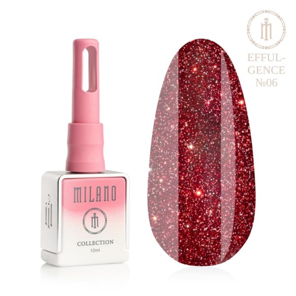 «Презентація гель-лаку Milano Effulgence Collection Premium №06: ліворуч зображено фірмовий квадратний білий флакон об'ємом 10 мл із рожево-білим градієнтом та довгим рожевим ковпачком, а праворуч — великий овальний макет-тіпс, який демонструє розкішний рубіново-червоний або святковий бордовий відтінок, насичений вогняним мікроглітером з ефектом магнетичного мерехтіння дорогоцінного каміння, на чистому білому тлі»