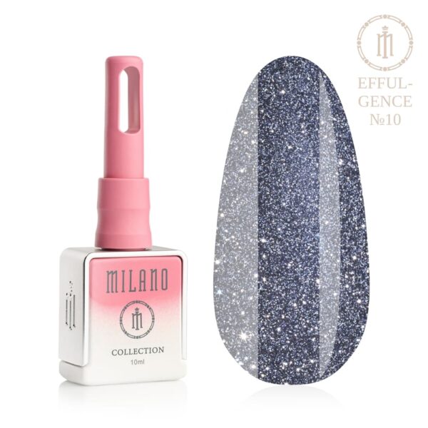 «Презентація гель-лаку Milano Effulgence Collection Premium №10: ліворуч зображено фірмовий квадратний білий флакон об'ємом 10 мл із рожево-білим градієнтом та довгим рожевим ковпачком, а праворуч — великий овальний макет-тіпс, який демонструє шляхетний сталевий сіро-синій відтінок із глибоким джинсовим підтоном, насичений безліччю іскристих сріблястих часточок та мікроглітером, на чистому білому тлі»