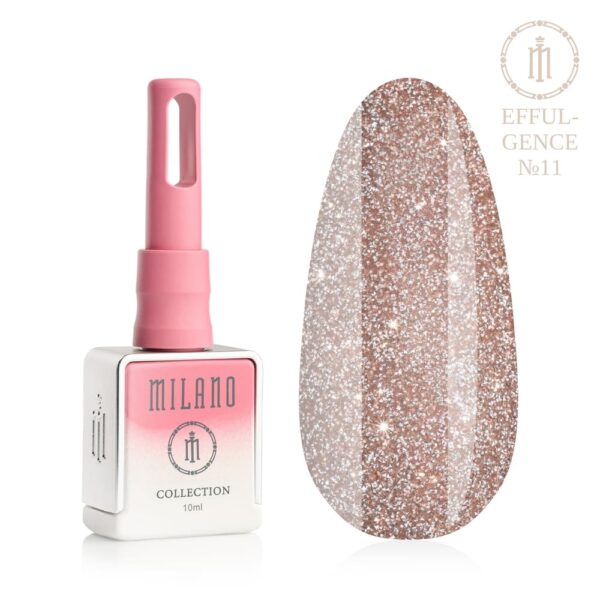 «Презентація гель-лаку Milano Effulgence Collection Premium №11: ліворуч зображено фірмовий квадратний білий флакон об'ємом 10 мл із рожево-білим градієнтом та довгим рожевим ковпачком, а праворуч — великий овальний макет-тіпс, який демонструє розкішний і теплий відтінок рожевого золота або ніжної світлої бронзи, щільно всипаний сяючим мікроглітером із витонченим металевим відблиском, на чистому білому тлі»