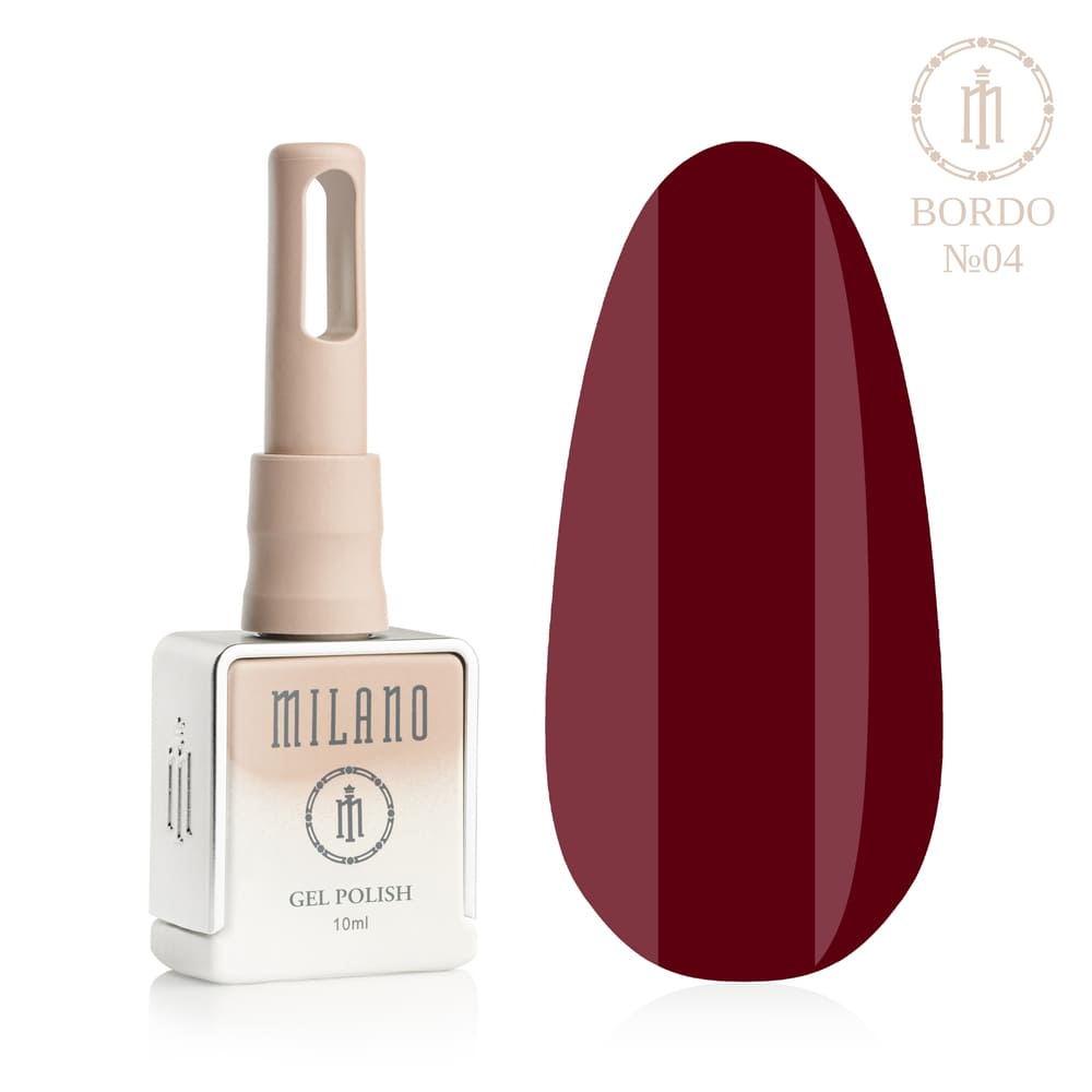 «Презентація гель-лаку Milano Gel Polish Bordo Premium №04: ліворуч зображено фірмовий квадратний флакон об'ємом 10 мл у ніжно-нюдовому градієнтному виконанні з круглим логотипом, а праворуч — великий овальний макет-тіпс, який демонструє шляхетний темно-бордовий, щільний та стриманий відтінок зрілого вина з холодним підтоном, на чистому білому тлі»