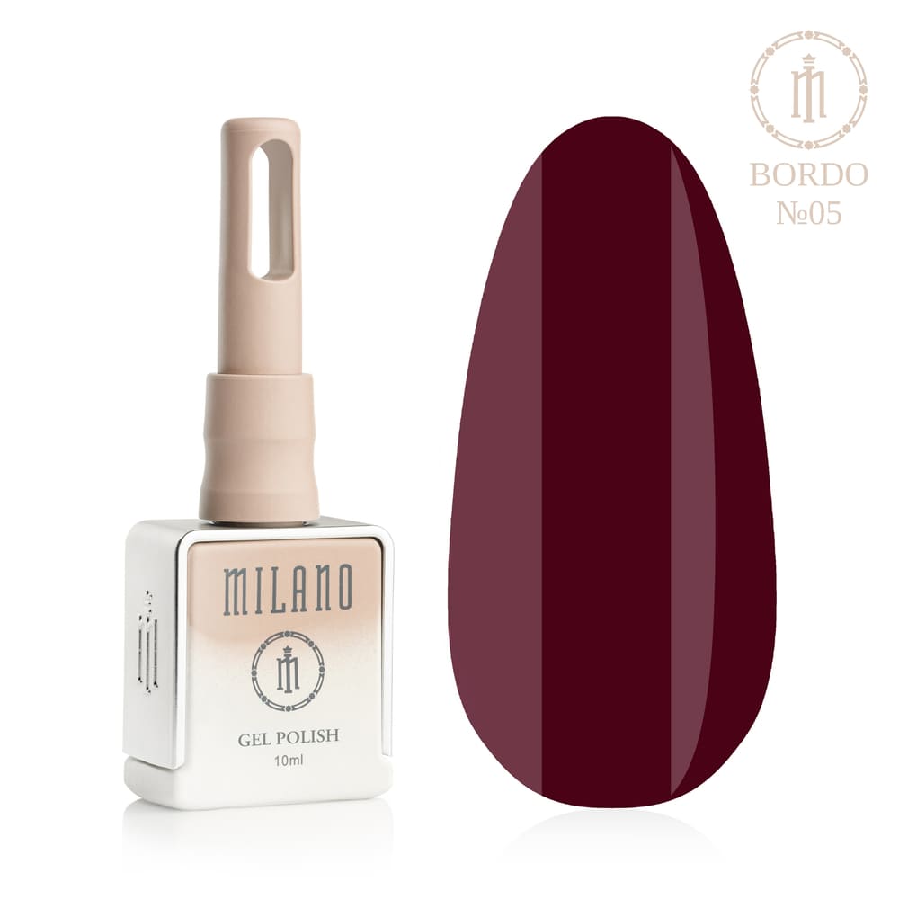«Презентація гель-лаку Milano Gel Polish Bordo Premium №05: ліворуч зображено фірмовий квадратний флакон об'ємом 10 мл у ніжно-нюдовому градієнтному виконанні з круглим логотипом, а праворуч — великий овальний макет-тіпс, який демонструє розкішний бордово-вишневий відтінок, густо насичений мерехтливим дрібним золотаво-червоним мікрошимером та іскристим глибинним блиском, на чистому білому тлі»