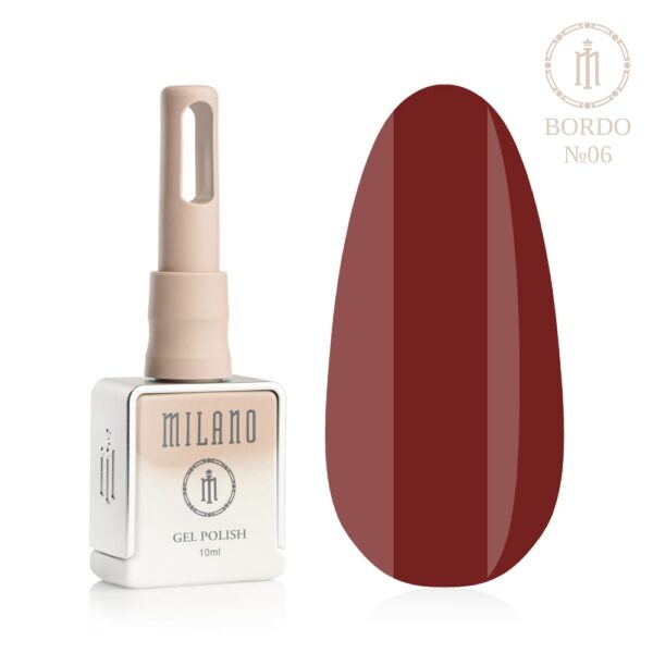 «Презентація гель-лаку Milano Gel Polish Bordo Premium №06: ліворуч зображено фірмовий квадратний флакон об'ємом 10 мл у ніжно-нюдовому градієнтному виконанні з круглим логотипом, а праворуч — великий овальний макет-тіпс, який демонструє загадковий навколочорний бордовий, дуже темний вишнево-чорний або глибокий магнетичний відтінок стиглої чорної черешні, на чистому білому тлі»