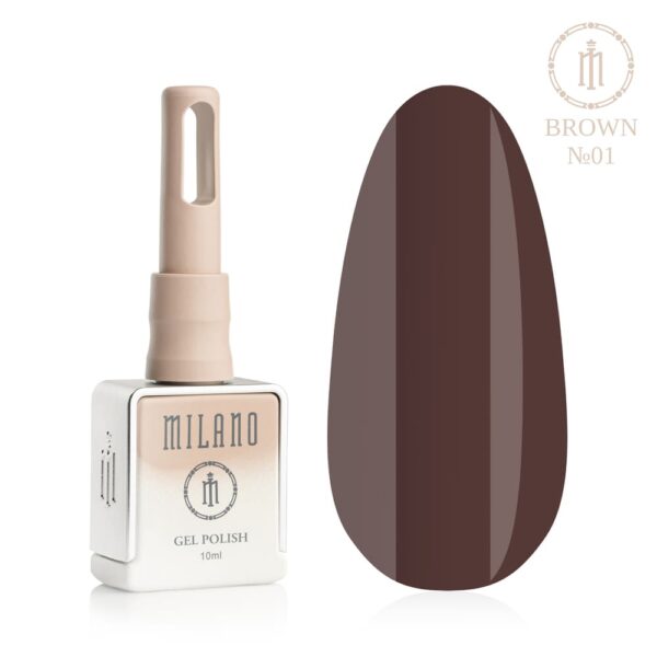 «Презентація гель-лаку Milano Gel Polish Brown Premium №01: ліворуч зображено фірмовий квадратний флакон об'ємом 10 мл у ніжно-нюдовому градієнтному виконанні з круглим логотипом, а праворуч — великий овальний макет-тіпс, який демонструє глибокий класичний шоколадний, насичений колір темного какао або благородний темно-коричневий відтінок покриття, на чистому білому тлі»
