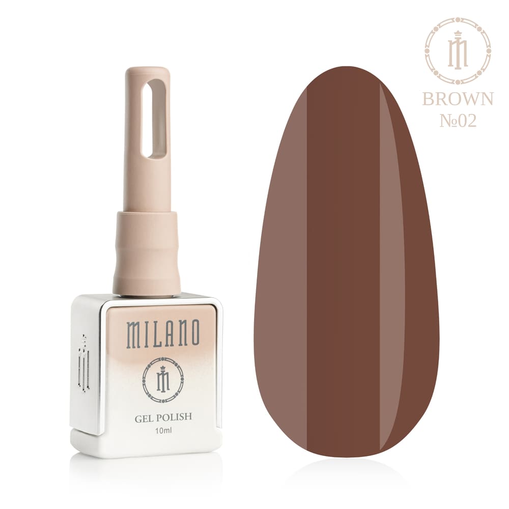 «Презентація гель-лаку Milano Gel Polish Brown Premium №02: ліворуч зображено фірмовий квадратний флакон об'ємом 10 мл у ніжно-нюдовому градієнтному виконанні з круглим логотипом, а праворуч — великий овальний макет-тіпс, який демонструє теплий відтінок молочного шоколаду, затишний кавово-коричневий або м'який колір лісового горіха, на чистому білому тлі»