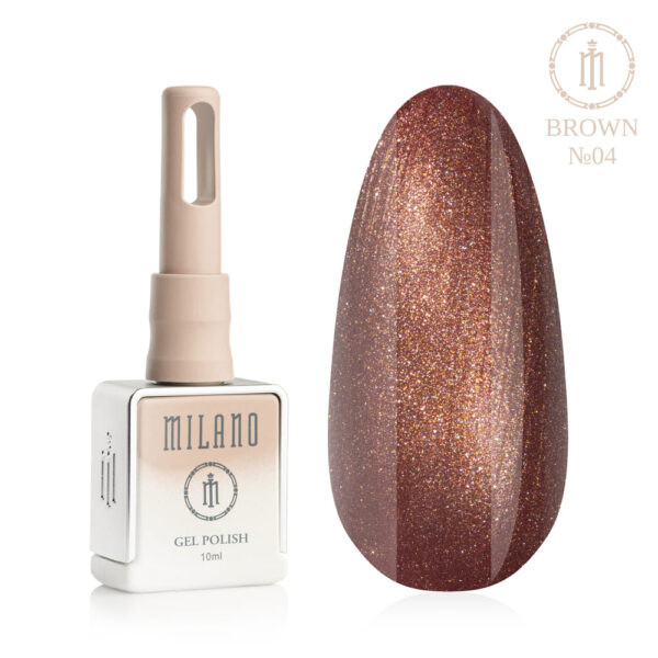«Презнятація гель-лаку Milano Gel Polish Brown Premium №04: ліворуч зображено фірмовий квадратний флакон об'ємом 10 мл у ніжно-нюдовому градієнтному виконанні з круглим логотипом, а праворуч — великий овальний макет-тіпс, який демонструє розкішний бронзово-коричневий відтінок з яскравим мікрошимером, сяючий золотаво-кавовий або магнетичний блискучий колір, на чистому білому тлі»