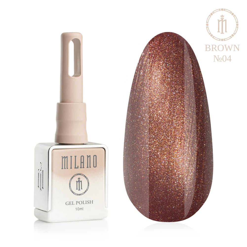 «Презнятація гель-лаку Milano Gel Polish Brown Premium №04: ліворуч зображено фірмовий квадратний флакон об'ємом 10 мл у ніжно-нюдовому градієнтному виконанні з круглим логотипом, а праворуч — великий овальний макет-тіпс, який демонструє розкішний бронзово-коричневий відтінок з яскравим мікрошимером, сяючий золотаво-кавовий або магнетичний блискучий колір, на чистому білому тлі»
