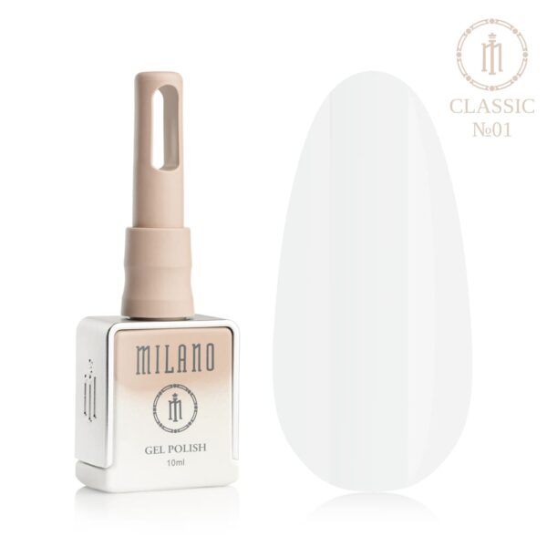 «Презентація гель-лаку Milano Gel Polish Classic Premium №01: ліворуч зображено фірмовий квадратний флакон об'ємом 10 мл у ніжно-нюдовому градієнтному виконанні з круглим логотипом, а праворуч — великий овальний макет-тіпс, який демонструє чистий сніжно-білий, бездоганний класичний білий або емалевий відтінок покриття, на чистому білому тлі»
