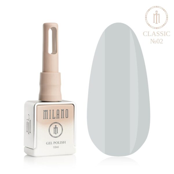 «Презентація гель-лаку Milano Gel Polish Classic Premium №02: ліворуч зображено фірмовий квадратний флакон об'ємом 10 мл у ніжно-нюдовому градієнтному виконанні з круглим логотипом, а праворуч — великий овальний макет-тіпс, який демонструє ніжний світло-сірий, витончений попелястий або легкий димчасто-сірий відтінок, на чистому білому тлі»