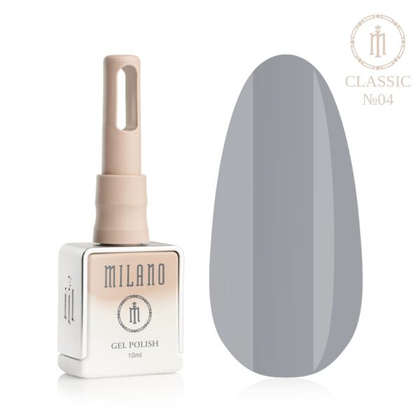 «Презентація гель-лаку Milano Gel Polish Classic Premium №04: ліворуч зображено фірмовий квадратний флакон об'ємом 10 мл у ніжно-нюдовому градієнтному виконанні з круглим логотипом, а праворуч — великий овальний макет-тіпс, який демонструє насичений сталевий сірий, глибокий графітовий або шляхетний колір грозової хмари, на чистому білому тлі»