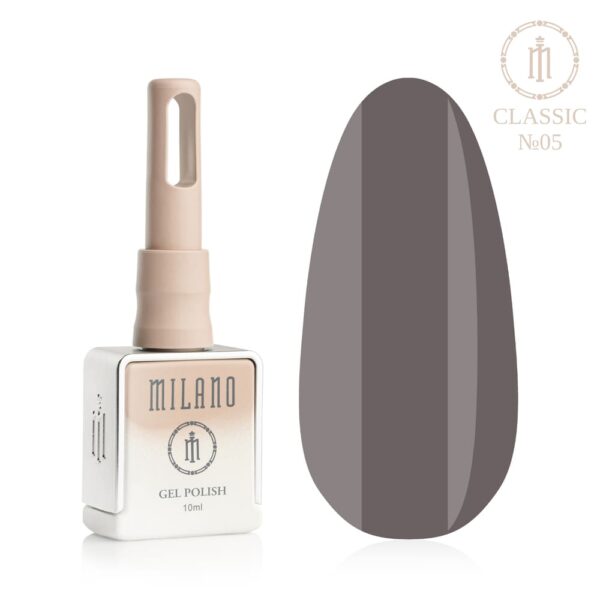 «Презентація гель-лаку Milano Gel Polish Classic Premium №05: ліворуч зображено фірмовий квадратний флакон об'ємом 10 мл у ніжно-нюдовому градієнтному виконанні з круглим логотипом, а праворуч — великий овальний макет-тіпс, який демонструє глибокий тауповий, темно-сірий з благородним коричневим підтоном або сучасний колір мокрого асфальту, на чистому білому тлі»