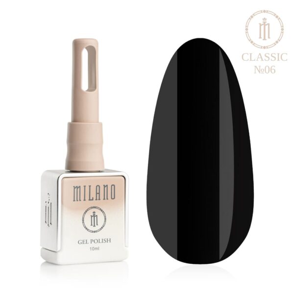 «Презентація гель-лаку Milano Gel Polish Classic Premium №06: ліворуч зображено фірмовий квадратний флакон об'ємом 10 мл у ніжно-нюдовому градієнтному виконанні з круглим логотипом, а праворуч — великий овальний макет-тіпс, який демонструє ультрачорний, екстраглибокий класичний чорний або дзеркально-вугільний відтінок покриття, на чистому білому тлі»