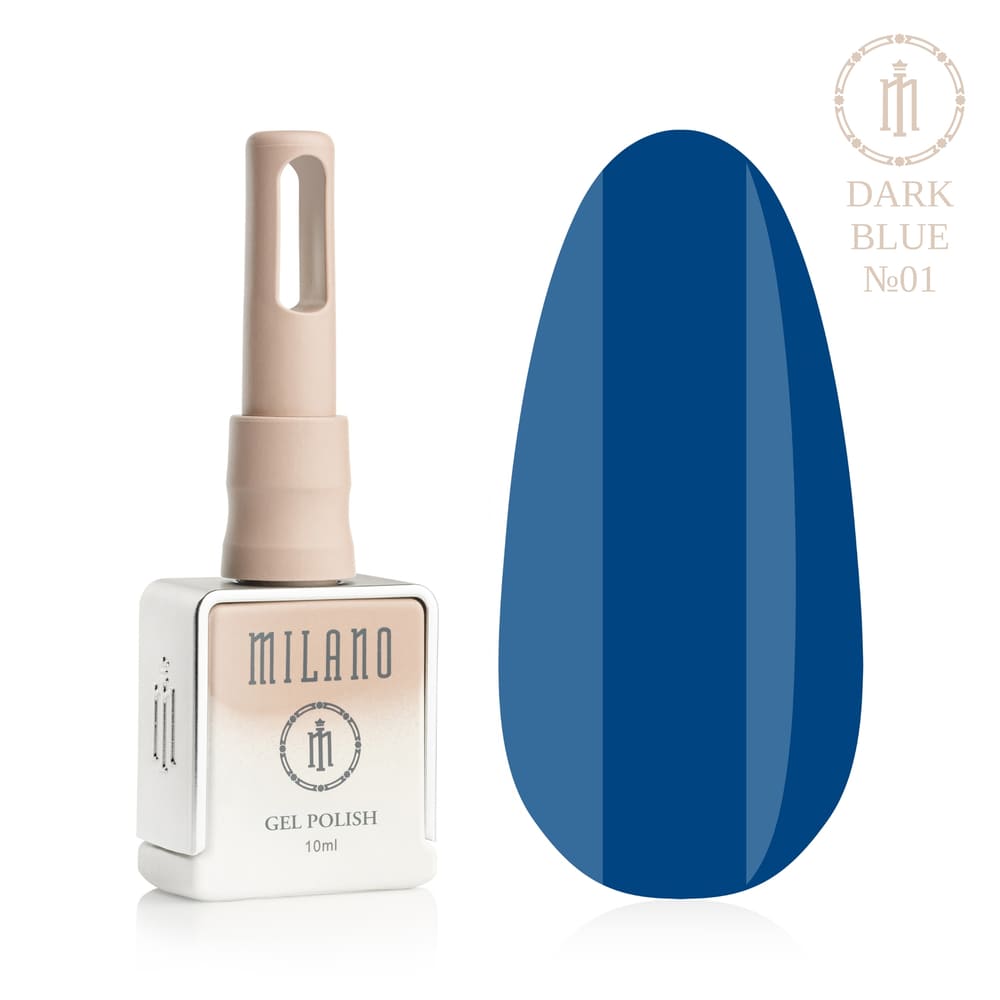 «Презентація гель-лаку Milano Gel Polish Dark Blue Premium №01: ліворуч зображено фірмовий квадратний флакон об'ємом 10 мл у ніжно-нюдовому градієнтному виконанні з круглим логотипом, а праворуч — великий овальний макет-тіпс, який демонструє приглушений класичний синій, шляхетний колір глибокого деніму або стриманий темно-синій відтінок покриття, на чистому білому тлі»