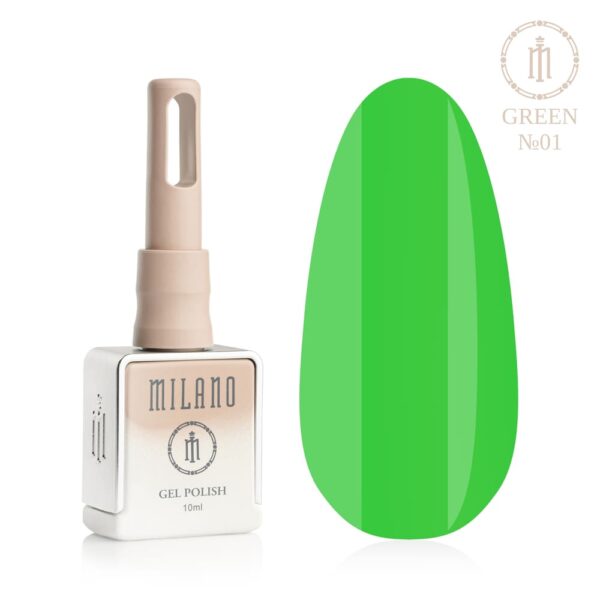 «Презентація гель-лаку Milano Gel Polish Green Premium №01: ліворуч зображено фірмовий квадратний флакон об'ємом 10 мл у ніжно-нюдовому градієнтному виконанні з круглим логотипом, а праворуч — великий овальний макет-тіпс, який демонструє свіжий пастельно-м'ятний, ніжний світло-зелений або витончений бірюзово-м'ятний відтінок покриття, на чистому білому тлі»
