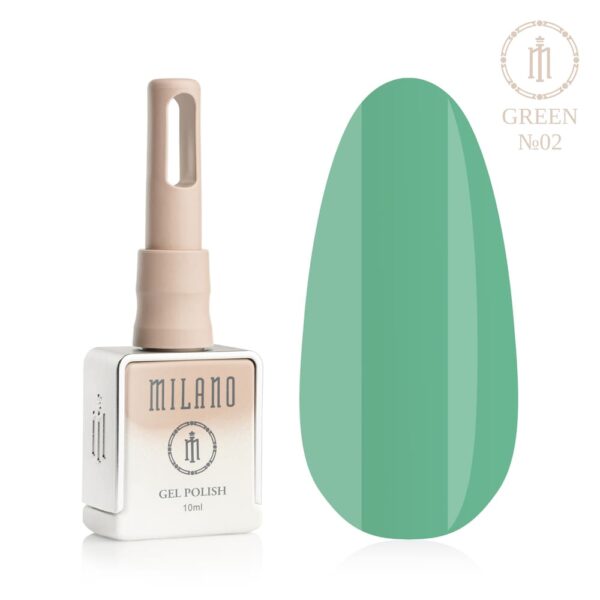 «Презентація гель-лаку Milano Gel Polish Green Premium №02: ліворуч зображено фірмовий квадратний флакон об'ємом 10 мл у ніжно-нюдовому градієнтному виконанні з круглим логотипом, а праворуч — великий овальний макет-тіпс, який демонструє насичений трав'яний, соковитий літній або чистий класичний зелений відтінок покриття, на чистому білому тлі»
