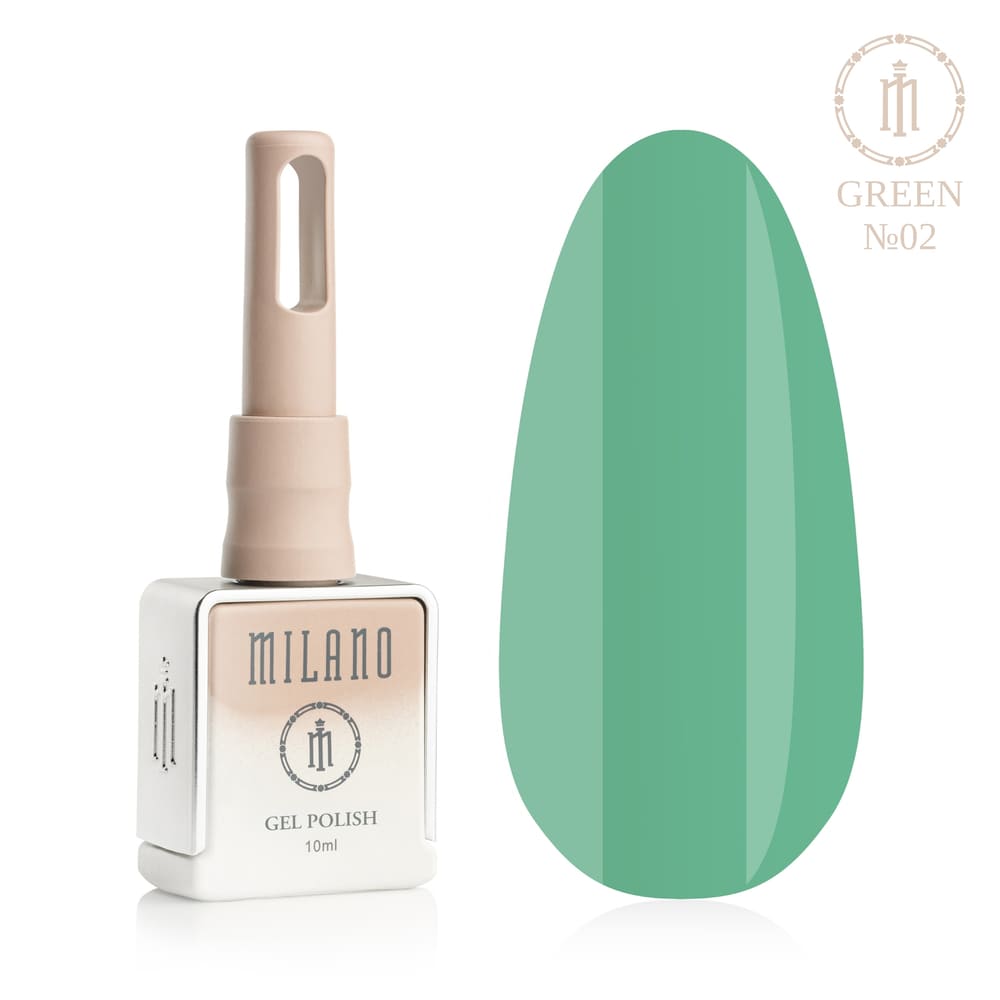 «Презентація гель-лаку Milano Gel Polish Green Premium №02: ліворуч зображено фірмовий квадратний флакон об'ємом 10 мл у ніжно-нюдовому градієнтному виконанні з круглим логотипом, а праворуч — великий овальний макет-тіпс, який демонструє насичений трав'яний, соковитий літній або чистий класичний зелений відтінок покриття, на чистому білому тлі»