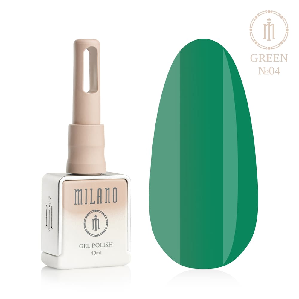 «Презентація гель-лаку Milano Gel Polish Green Premium №04: ліворуч зображено фірмовий квадратний флакон об'ємом 10 мл у ніжно-нюдовому градієнтному виконанні з круглим логотипом, а праворуч — великий овальний макет-тіпс, який демонструє стильний оливковий, стриманий відтінок хакі або м'який приглушений колір лісового моху, на чистому білому тлі»