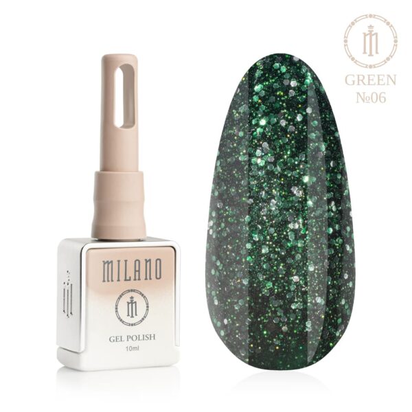 «Презентація гель-лаку Milano Gel Polish Green Premium №06: ліворуч зображено фірмовий квадратний флакон об'ємом 10 мл у ніжно-нюдовому градієнтному виконанні з круглим логотипом, а праворуч — великий овальний макет-тіпс, який демонструє яскравий салатовий, життєрадісний фісташковий або соковитий колір стиглого лайма з теплим підтоном, на чистому білому тлі»