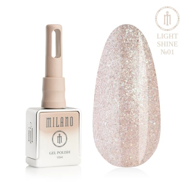 «Презентація гель-лаку Milano Gel Polish Light Shine Premium №01: ліворуч зображено фірмовий квадратний флакон об'ємом 10 мл у ніжно-нюдовому градієнтному виконанні з круглим логотипом, а праворуч — великий овальний макет-тіпс, який демонструє ніжний бежево-рожевий або пастельно-персиковий відтінок, густо насичений дрібним сріблястим та голографічним мікрошимером, на чистому білому тлі»
