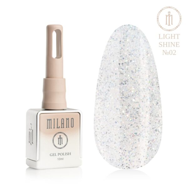 «Презентація гель-лаку Milano Gel Polish Light Shine Premium №02: ліворуч зображено фірмовий квадратний флакон об'ємом 10 мл у ніжно-нюдовому градієнтному виконанні з круглим логотипом, а праворуч — великий овальний макет-тіпс, який демонструє напівпрозорий молочно-білий відтінок, збагачений дрібними голографічними іскорками та різнокольоровим мікроглітером, на чистому білому тлі»