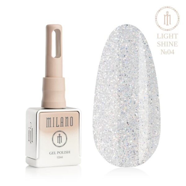 «Презентація гель-лаку Milano Gel Polish Light Shine Premium №04: ліворуч зображено фірмовий квадратний флакон об'ємом 10 мл у ніжно-нюдовому градієнтному виконанні з круглим логотипом, а праворуч — великий овальний макет-тіпс, який демонструє прохолодний крижано-блакитний або перламутрово-білий відтінок із делікатним голографічним шимером, що мерехтить на світлі, на чистому білому тлі»