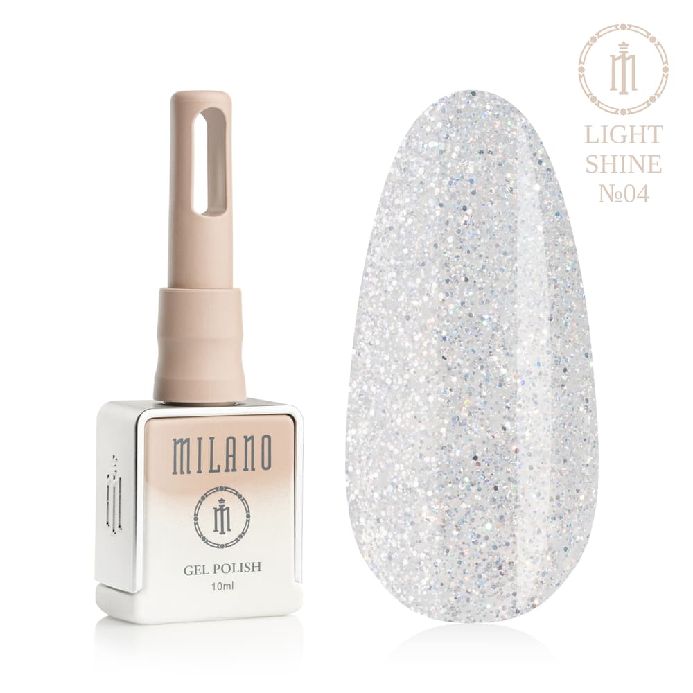 «Презентація гель-лаку Milano Gel Polish Light Shine Premium №04: ліворуч зображено фірмовий квадратний флакон об'ємом 10 мл у ніжно-нюдовому градієнтному виконанні з круглим логотипом, а праворуч — великий овальний макет-тіпс, який демонструє прохолодний крижано-блакитний або перламутрово-білий відтінок із делікатним голографічним шимером, що мерехтить на світлі, на чистому білому тлі»