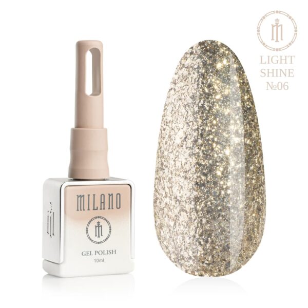 «Презентація гель-лаку Milano Gel Polish Light Shine Premium №06: ліворуч зображено фірмовий квадратний флакон об'ємом 10 мл у ніжно-нюдовому градієнтному виконанні з круглим логотипом, а праворуч — великий овальний макет-тіпс, який демонструє розкішне рідке золото, витончений колір шампанського або щільну золото-платинову фольгу з шляхетним металевим блиском, на чистому білому тлі»