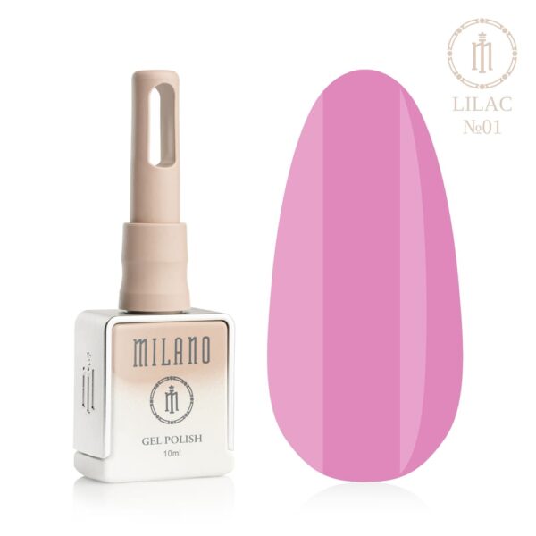 «Презентація гель-лаку Milano Gel Polish Lilac Premium №01: ліворуч зображено фірмовий квадратний флакон об'ємом 10 мл у ніжно-нюдовому градієнтному виконанні з круглим логотипом, а праворуч — великий овальний макет-тіпс, який демонструє повітряний пастельно-лавандовий, ніжний світло-бузковий або витончений блідо-фіалковий відтінок покриття, на чистому білому тлі»