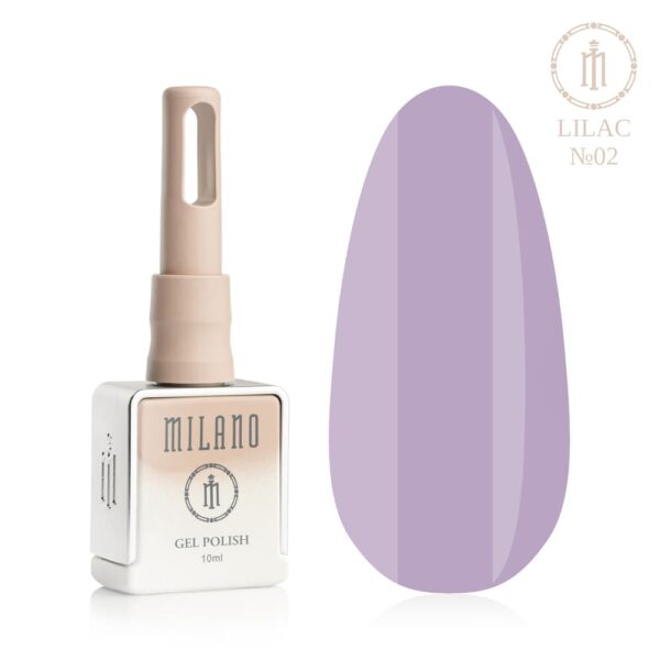 «Презентація гель-лаку Milano Gel Polish Lilac Premium №02: ліворуч зображено фірмовий квадратний флакон об'ємом 10 мл у ніжно-нюдовому градієнтному виконанні з круглим логотипом, а праворуч — великий овальний макет-тіпс, який демонструє романтичний фіалковий, м'який пастельно-лавандовий або класичний ніжно-бузковий колір покриття, на чистому білому тлі»