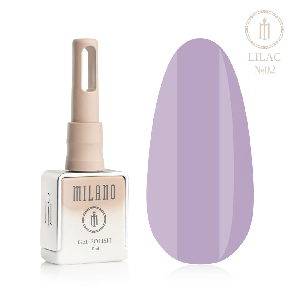 «Презентація гель-лаку Milano Gel Polish Lilac Premium №02: ліворуч зображено фірмовий квадратний флакон об'ємом 10 мл у ніжно-нюдовому градієнтному виконанні з круглим логотипом, а праворуч — великий овальний макет-тіпс, який демонструє романтичний фіалковий, м'який пастельно-лавандовий або класичний ніжно-бузковий колір покриття, на чистому білому тлі»