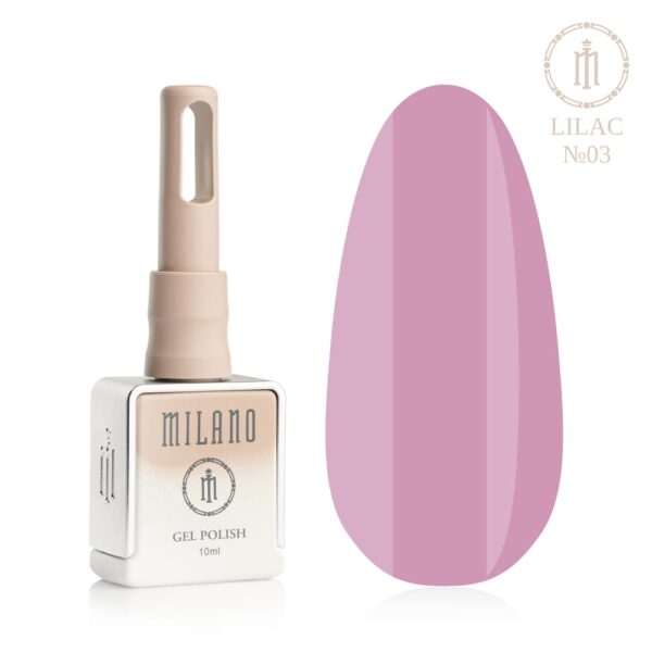 «Презентація гель-лаку Milano Gel Polish Lilac Premium №03: ліворуч зображено фірмовий квадратний флакон об'ємом 10 мл у ніжно-нюдовому градієнтному виконанні з круглим логотипом, а праворуч — великий овальний макет-тіпс, який демонструє вишуканий колір квітучої гліцинії, свіжий лавандово-бузковий або чистий середньо-бузковий відтінок, на чистому білому тлі»
