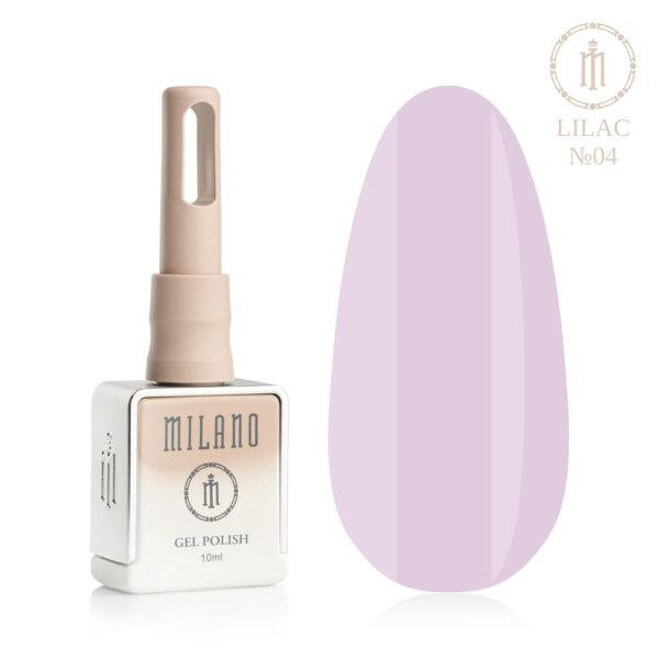 «Презентація гель-лаку Milano Gel Polish Lilac Premium №04: ліворуч зображено фірмовий квадратний флакон об'ємом 10 мл у ніжно-нюдовому градієнтному виконанні з круглим логотипом, а праворуч — великий овальний макет-тіпс, який демонструє яскравий бузковий, соковитий фіалковий або ефектний орхідеєво-лавандовий відтінок покриття, на чистому білому тлі»
