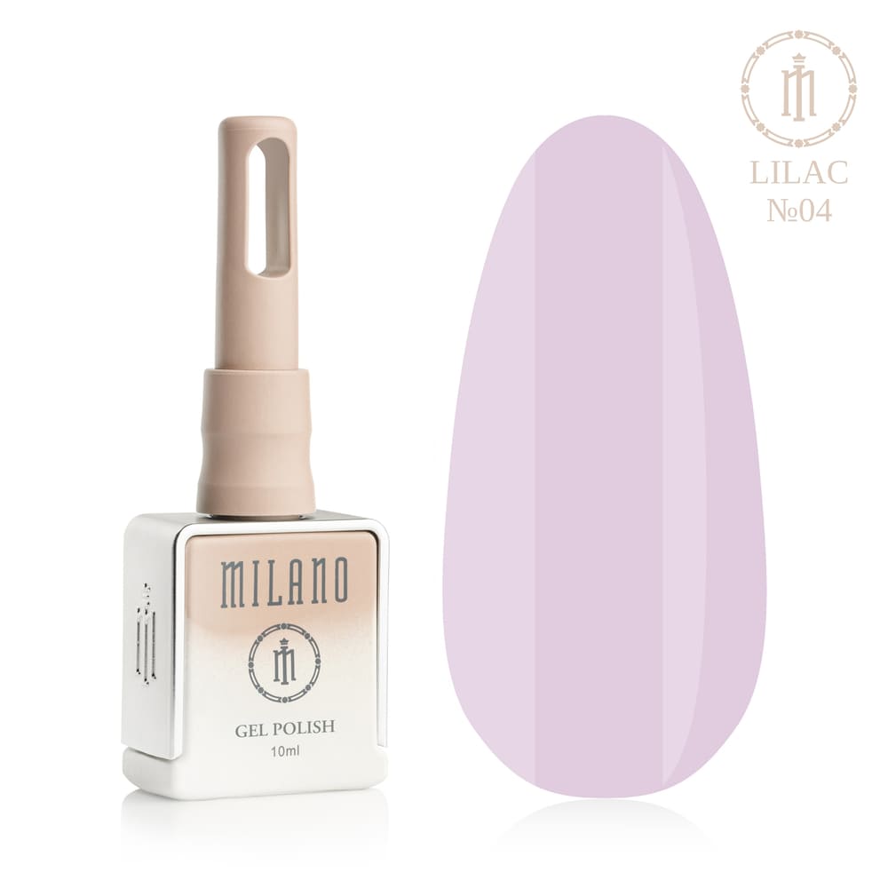 «Презентація гель-лаку Milano Gel Polish Lilac Premium №04: ліворуч зображено фірмовий квадратний флакон об'ємом 10 мл у ніжно-нюдовому градієнтному виконанні з круглим логотипом, а праворуч — великий овальний макет-тіпс, який демонструє яскравий бузковий, соковитий фіалковий або ефектний орхідеєво-лавандовий відтінок покриття, на чистому білому тлі»