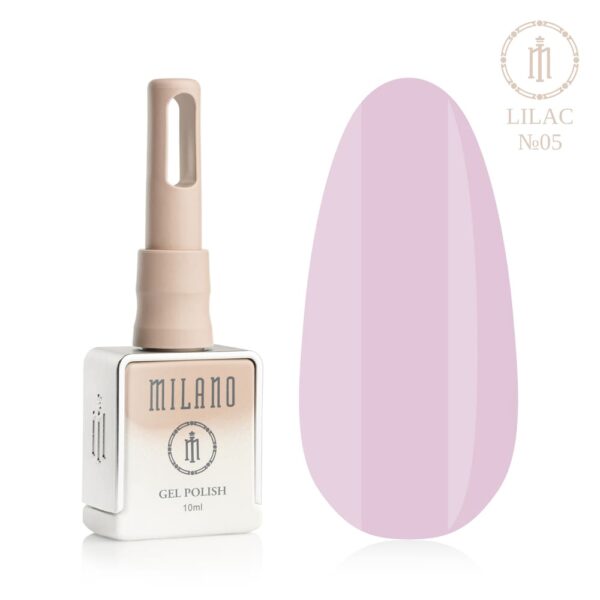 «Презентація гель-лаку Milano Gel Polish Lilac Premium №05: ліворуч зображено фірмовий квадратний флакон об'ємом 10 мл у ніжно-нюдовому градієнтному виконанні з круглим логотипом, а праворуч — великий овальний макет-тіпс, який демонструє насичений аметистовий, шляхетний глибокий лавандовий або експресивний пурпурово-бузковий відтінок, на чистому білому тлі»