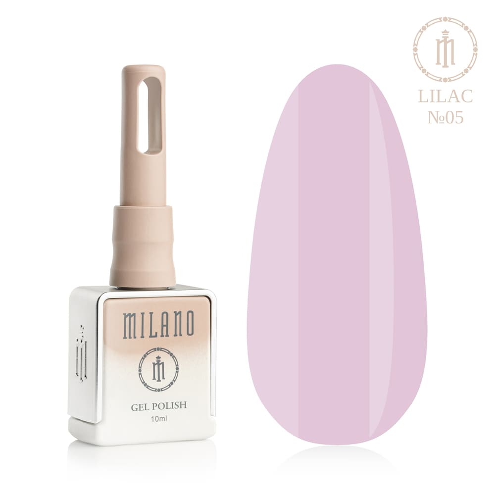 «Презентація гель-лаку Milano Gel Polish Lilac Premium №05: ліворуч зображено фірмовий квадратний флакон об'ємом 10 мл у ніжно-нюдовому градієнтному виконанні з круглим логотипом, а праворуч — великий овальний макет-тіпс, який демонструє насичений аметистовий, шляхетний глибокий лавандовий або експресивний пурпурово-бузковий відтінок, на чистому білому тлі»