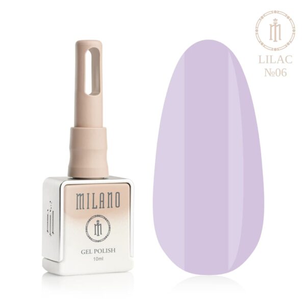 «Презентація гель-лаку Milano Gel Polish Lilac Premium №06: ліворуч зображено фірмовий квадратний флакон об'ємом 10 мл у ніжно-нюдовому градієнтному виконанні з круглим логотипом, а праворуч — великий овальний макет-тіпс, який демонструє глибокий магічний пурпурово-бузковий, вишуканий темно-фіалковий або щільний вечірній відтінок із благородним прохолодним підтоном, на чистому білому тлі»