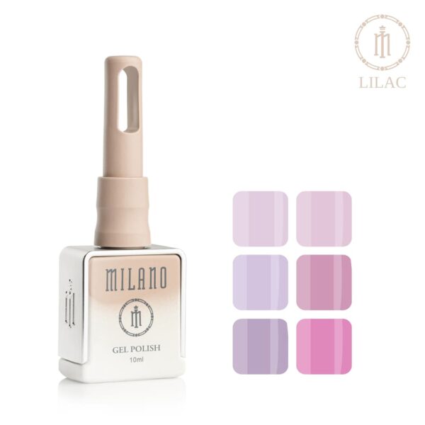 «Презентація гель-лаку Milano Gel Polish Lilac Premium №01: ліворуч зображено фірмовий квадратний флакон об'ємом 10 мл у ніжно-нюдовому градієнтному виконанні з круглим логотипом, а праворуч — великий овальний макет-тіпс, який демонструє повітряний пастельно-лавандовий, ніжний світло-бузковий або витончений блідо-фіалковий відтінок покриття, на чистому білому тлі»